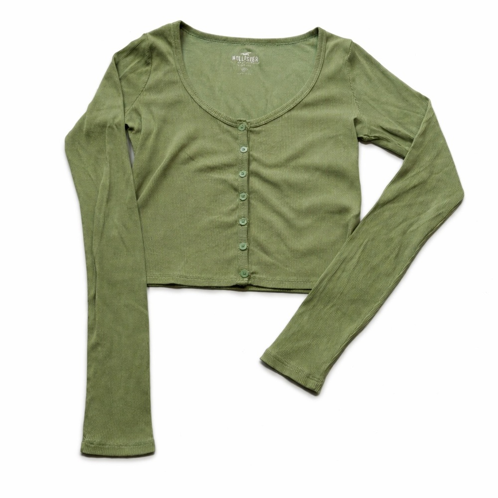 Hollister Ribbed Button Front Crop Top XS Olive Green Long Sleeve Baby Tee